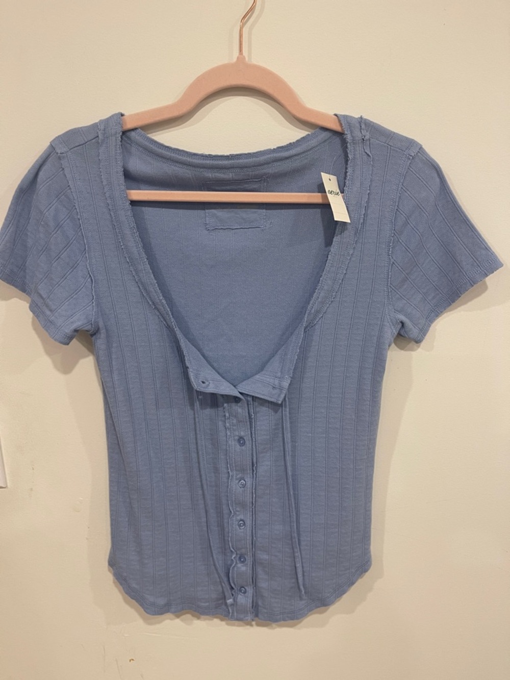 aerie Light Blue Ribbed Button-Up Scoop Neck Tee